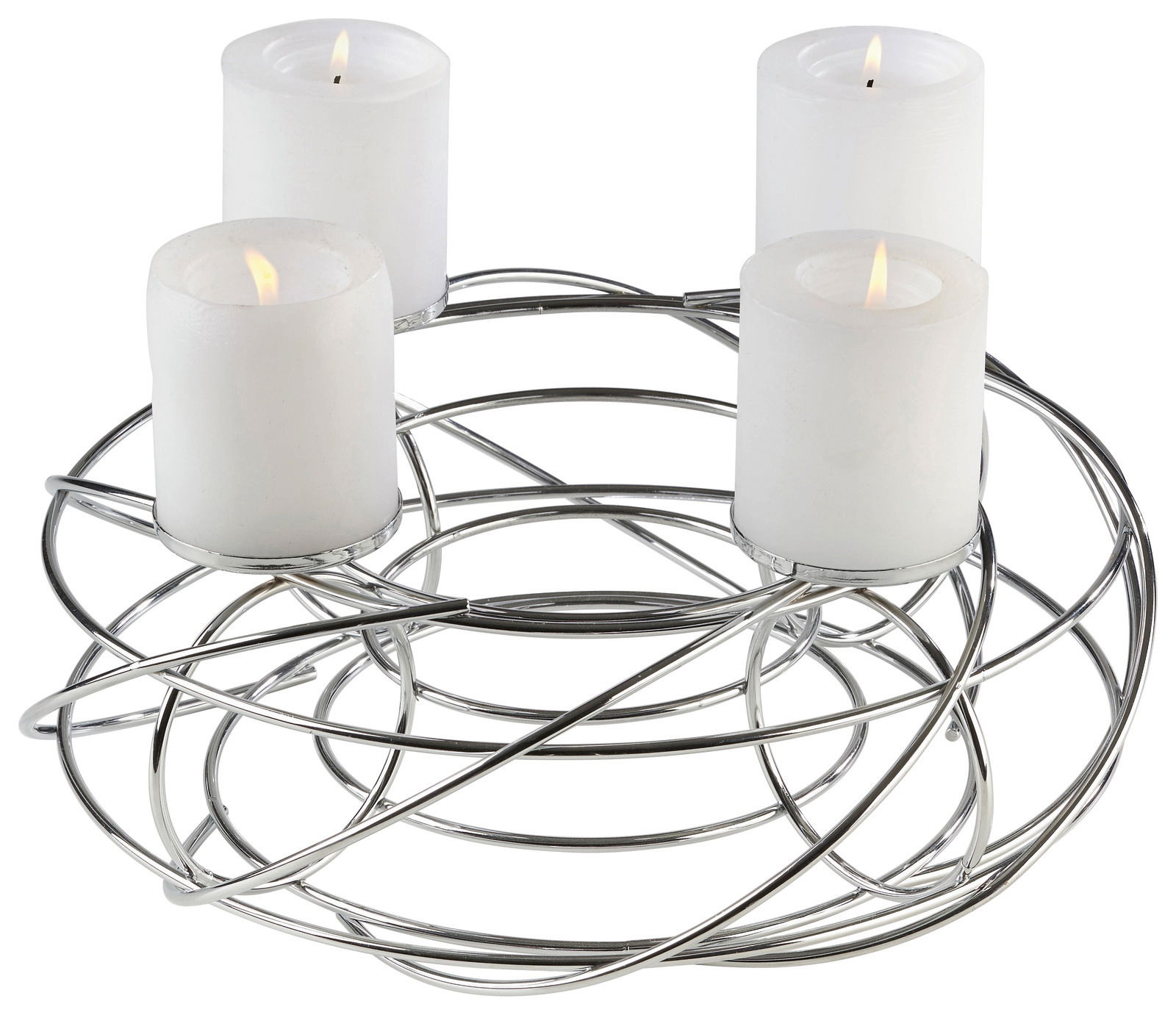 Silberner Dekokranz für 4 Kerzen mit modernen, ineinander verschlungenen Metallringen, seitliche Perspektive