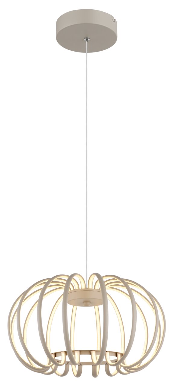 Moderne LED-Hängeleuchte mit geschwungenem, ringförmigem Design, von unten betrachtet.