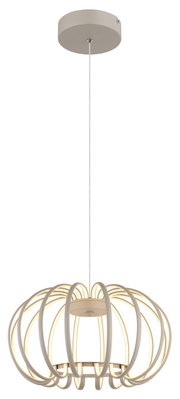 Moderne LED-Hängeleuchte mit geschwungenem, ringförmigem Design, von unten betrachtet.