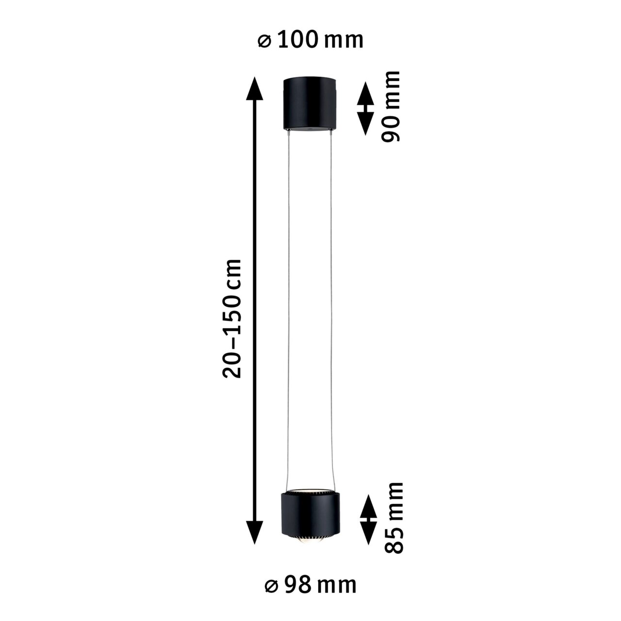Schwarzes Schienenpendel Aldan, zylindrische Form, hängend, seitliche Ansicht, verstellbare Höhe 20-150 cm, Durchmesser 98 mm