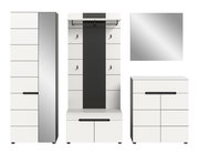 Modernes Flurmöbel-Set in Weiß und Anthrazit mit Garderobenpaneel, Spiegel, Schuhschrank/Kommode und hohem Schrank, gezeigt in Frontansicht sowie seitlicher Perspektive auf weißem Hintergrund