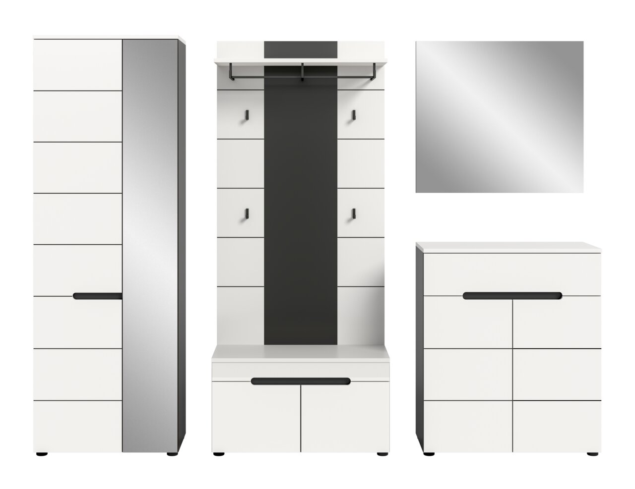 Modernes Flurmöbel-Set in Weiß und Anthrazit mit Garderobenpaneel, Spiegel, Schuhschrank/Kommode und hohem Schrank, gezeigt in Frontansicht sowie seitlicher Perspektive auf weißem Hintergrund
