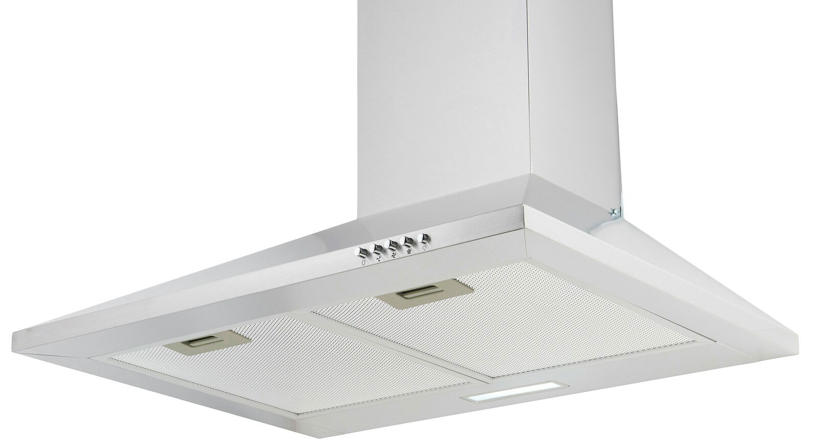 Moderne Edelstahl-Dunstabzugshaube, Ansicht von unten mit sichtbaren Bedienelementen und Filtern.