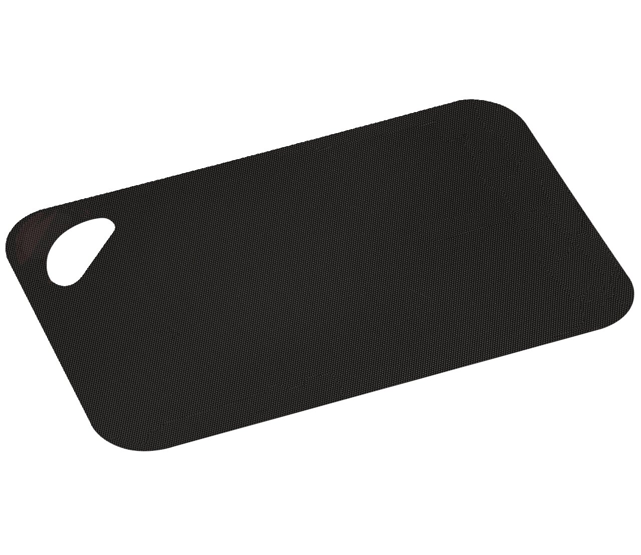 Schwarze flexible Schneidunterlage mit abgerundeten Ecken und Griffloch, perspektivisch von oben betrachtet.