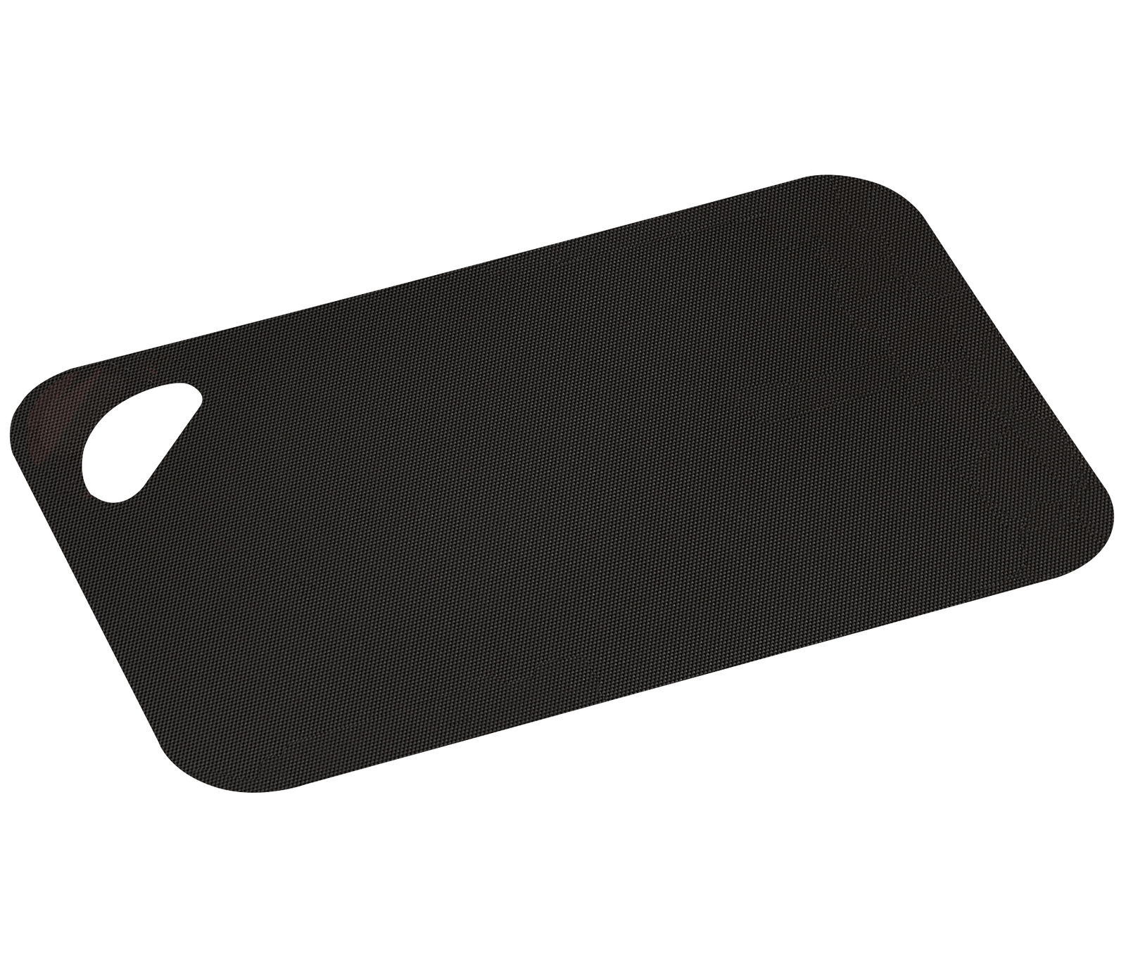 Schwarze flexible Schneidunterlage mit abgerundeten Ecken und Griffloch, perspektivisch von oben betrachtet.