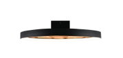 Moderne runde Deckenleuchte in Schwarz mit warm leuchtendem Diffusor und Holzoptik im Inneren, frontal von unten auf weißem Hintergrund