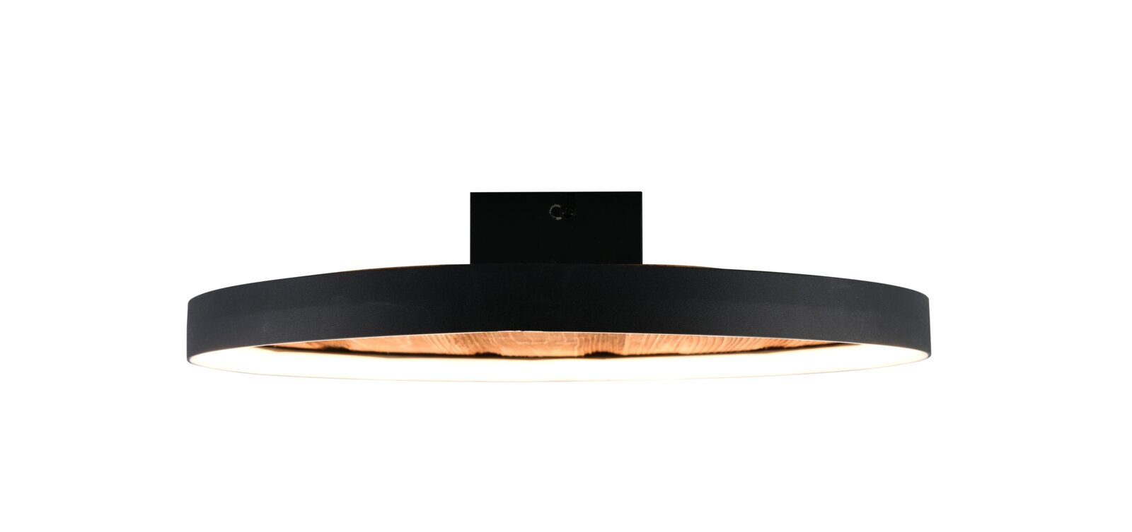 Moderne runde Deckenleuchte in Schwarz mit warm leuchtendem Diffusor und Holzoptik im Inneren, frontal von unten auf weißem Hintergrund
