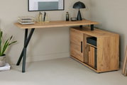 Eck-Schreibtisch-Kombination aus Holz mit schwarzem Metallgestell, seitliche Perspektive