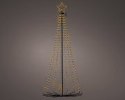 Frontansicht eines hohen, kegelförmigen LED-Weihnachtsbaums mit schwarzem Metallgestell, warmweißen Lichterketten und leuchtendem Stern an der Spitze vor dunklem Hintergrund