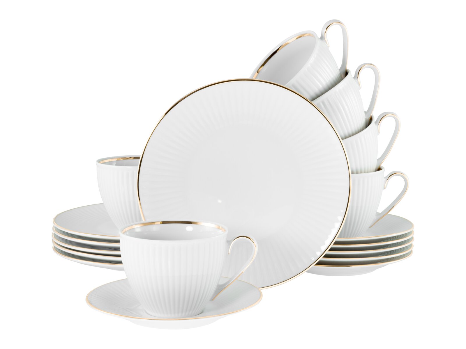 Creatable Kaffeeservice 18-tlg VALENCIA Weißes Porzellan-Kaffeegeschirr-Set mit goldfarbenem Rand, Tassen mit Untertassen und Teller, frontal in leicht schräger Perspektive auf weißem Hintergrund