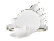 Weißes Porzellan-Kaffeegeschirr-Set mit goldfarbenem Rand, Tassen mit Untertassen und Teller, frontal in leicht schräger Perspektive auf weißem Hintergrund
