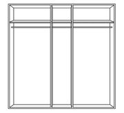 Frontansicht eines 5-türigen Drehtürenschranks mit mehreren Fächern und Kleiderstangen.