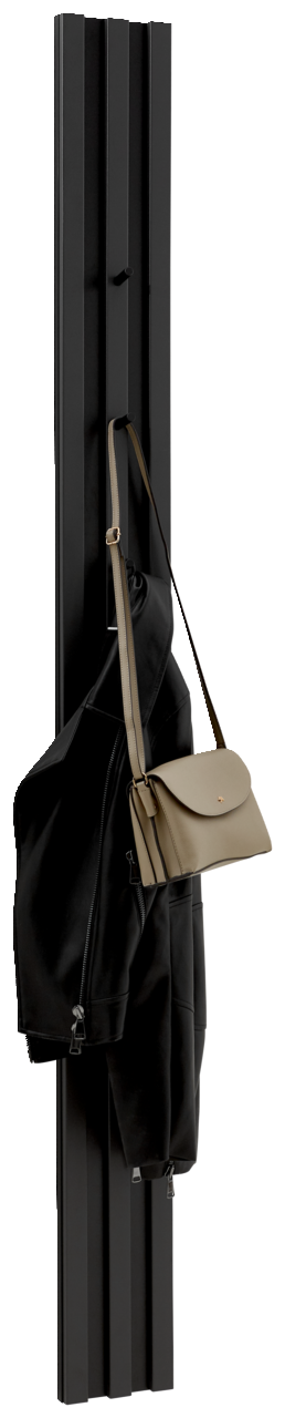 Voleo Garderobenpaneel UNIQUE Schwarzes Garderobenpaneel mit Haken, an dem eine schwarze Jacke und eine beige Tasche hängen, seitliche Perspektive.