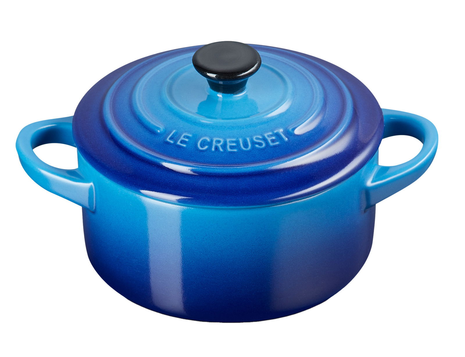 Blaue Mini Cocotte von Le Creuset, seitliche Perspektive