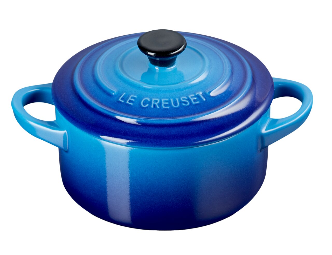 Blaue Mini Cocotte von Le Creuset, seitliche Perspektive