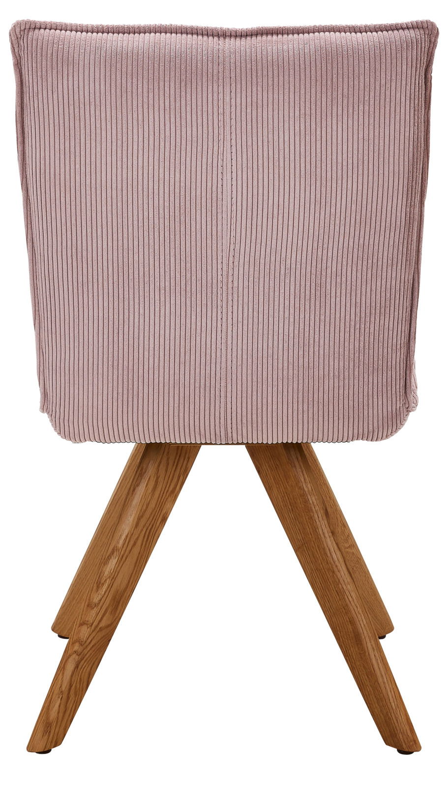 Rückansicht eines Stuhls mit rosa, geripptem Stoffbezug und Holzbeinen.