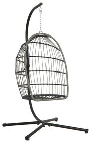 Moderner Hängesessel aus Metall mit stabiler Basis, seitliche Perspektive