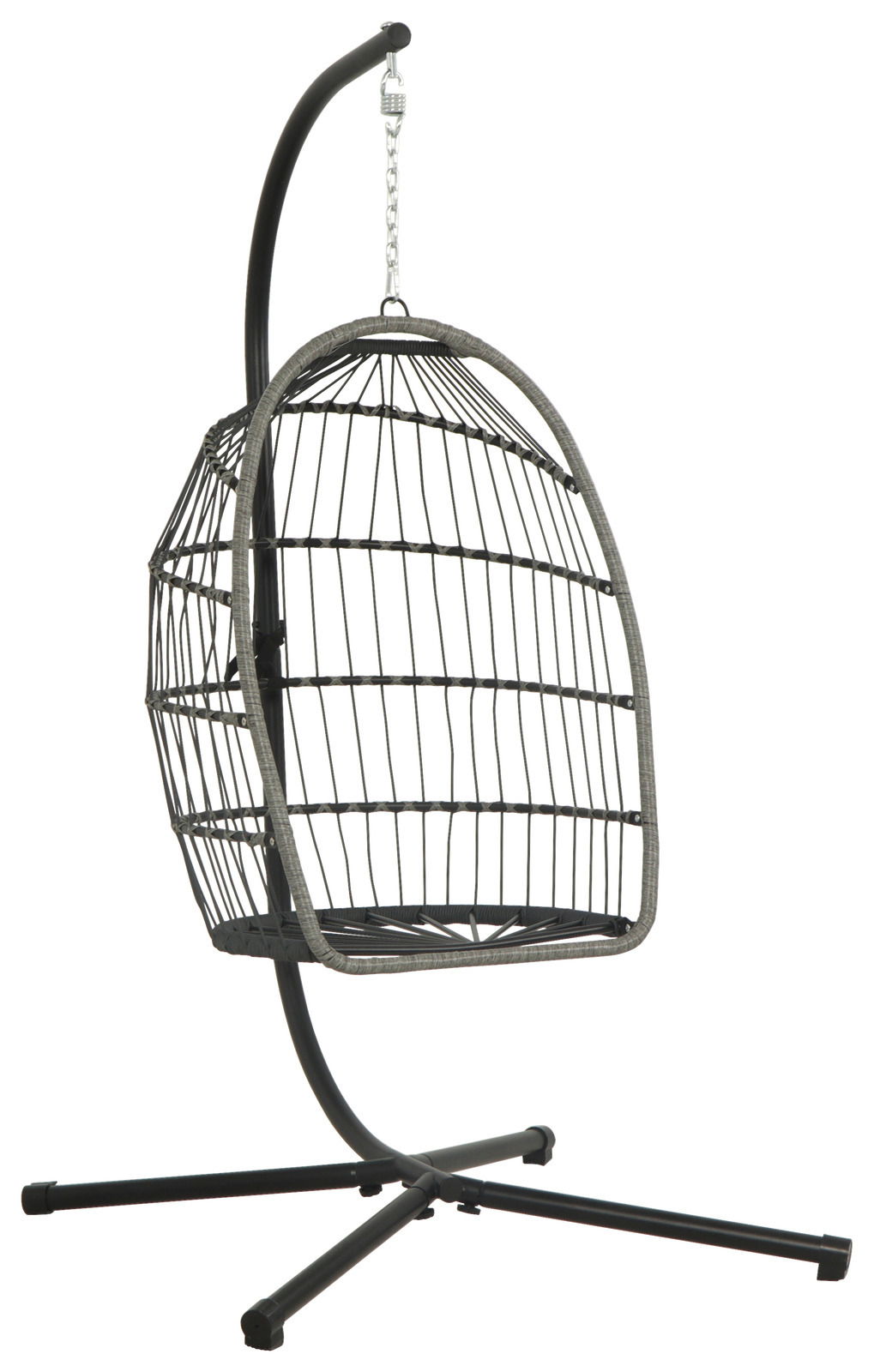 Moderner Hängesessel aus Metall mit stabiler Basis, seitliche Perspektive