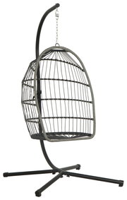 Moderner Hängesessel aus Metall mit stabiler Basis, seitliche Perspektive