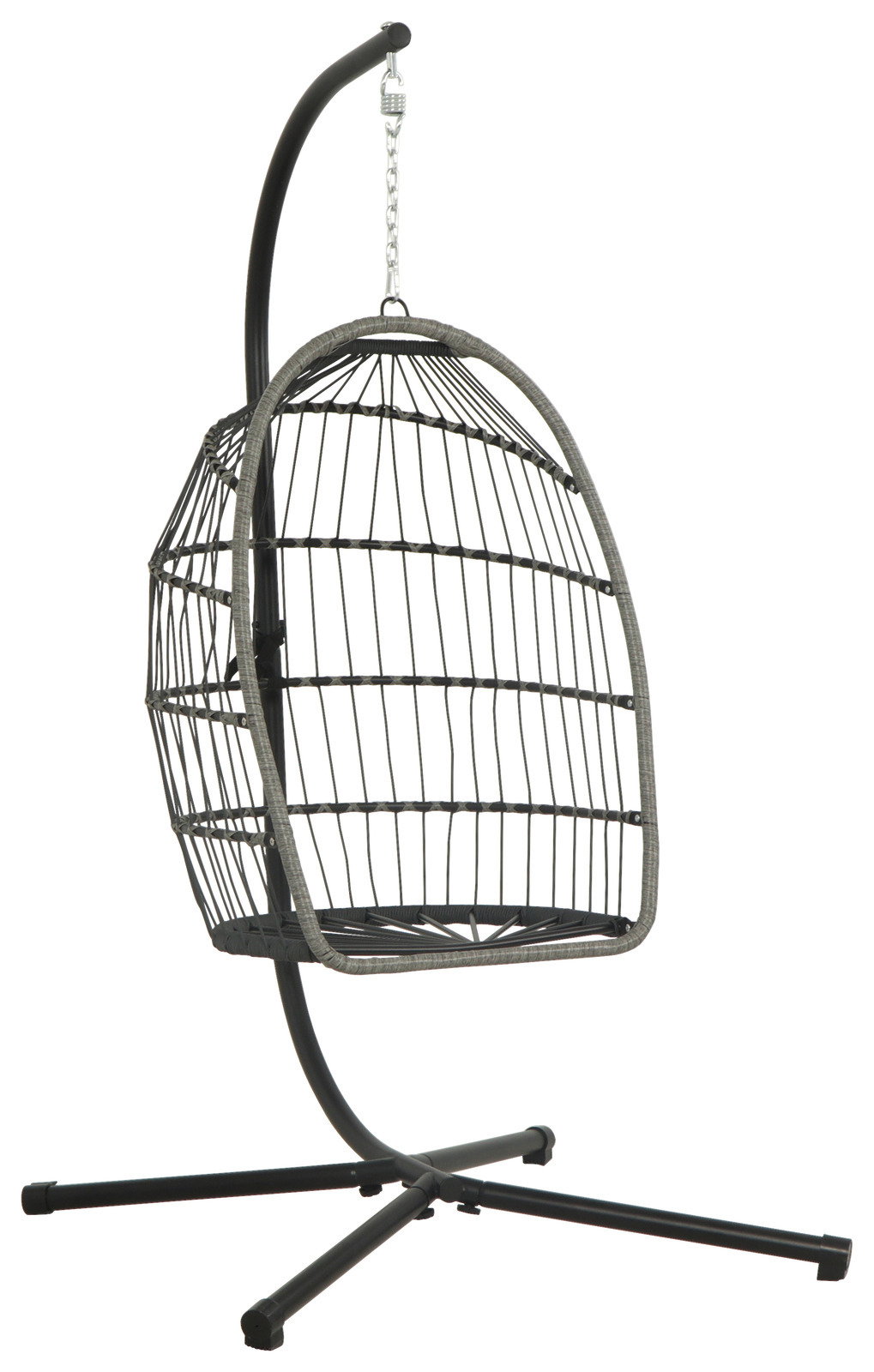 Moderner Hängesessel aus Metall mit stabiler Basis, seitliche Perspektive