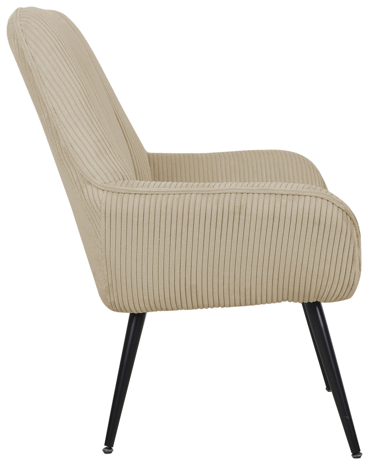 Seitenansicht eines beigen Sessels mit geripptem Stoffbezug und schwarzen Metallbeinen.