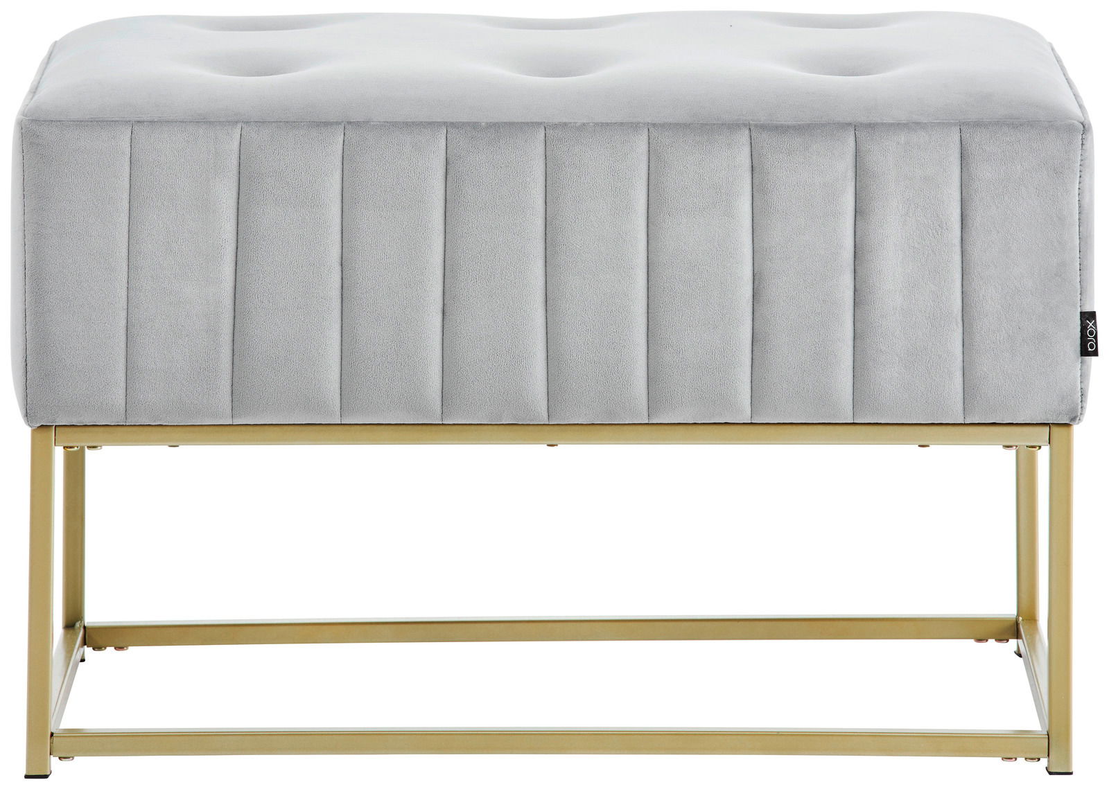 Hockerbank mit grauem, gepolstertem Sitz und goldfarbenem Metallgestell, Frontalansicht