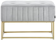 Hockerbank mit grauem, gepolstertem Sitz und goldfarbenem Metallgestell, Frontalansicht