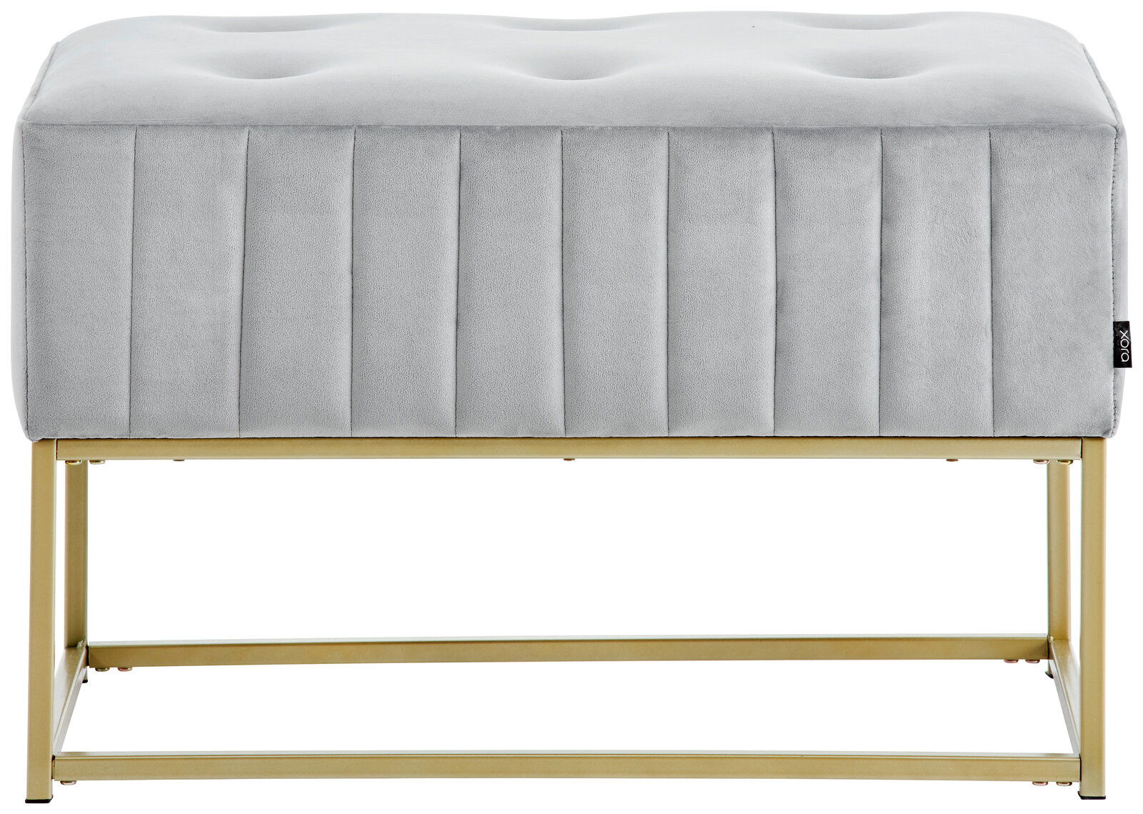 Hockerbank mit grauem, gepolstertem Sitz und goldfarbenem Metallgestell, Frontalansicht