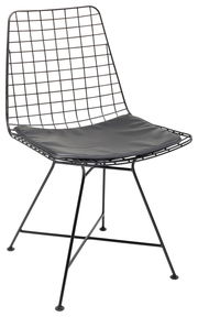 Moderner schwarzer Drahtstuhl mit gepolstertem Sitz, seitliche Perspektive