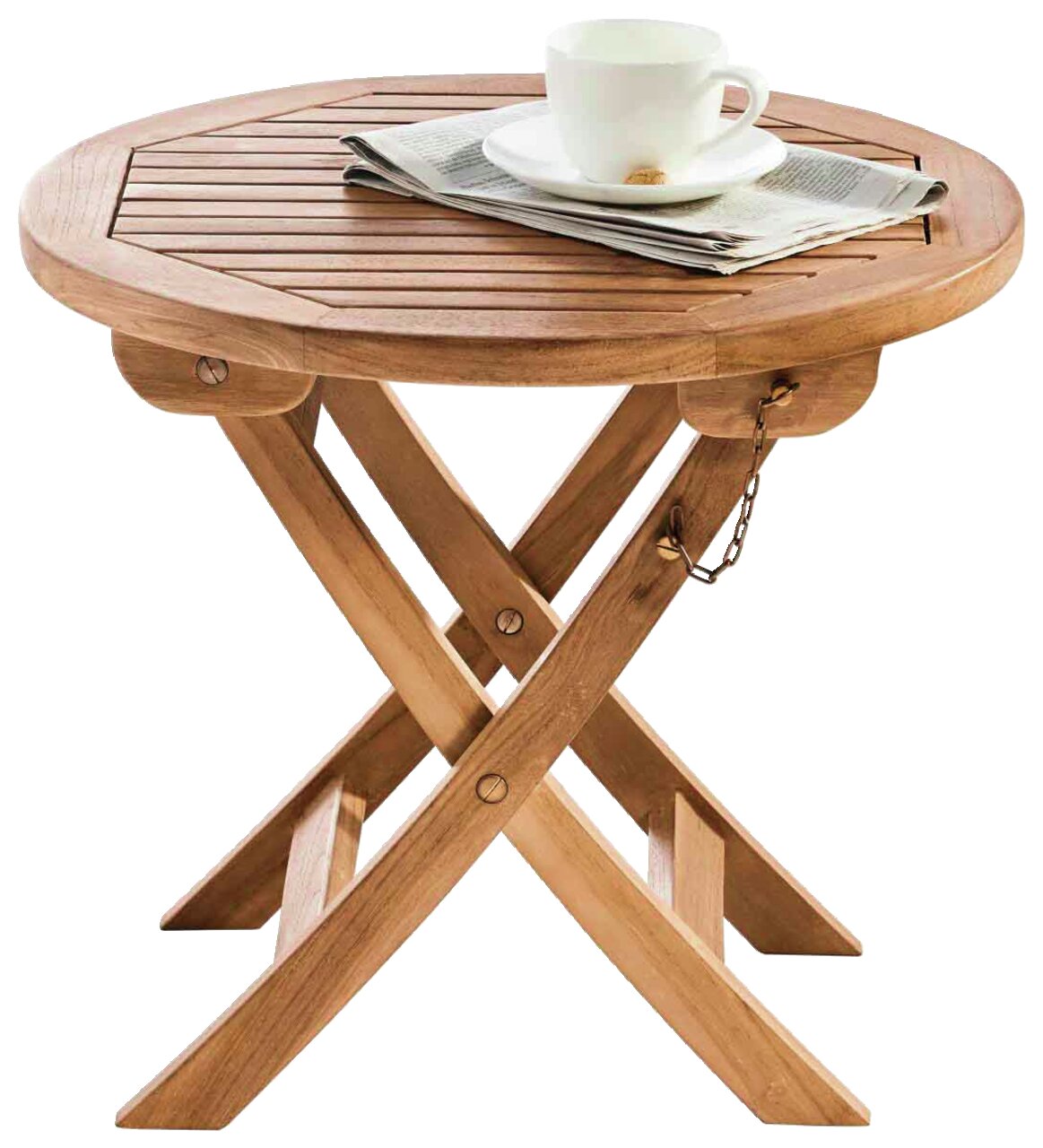Runder Klapptisch aus Holz mit einer Tasse und Zeitung darauf, seitliche Perspektive