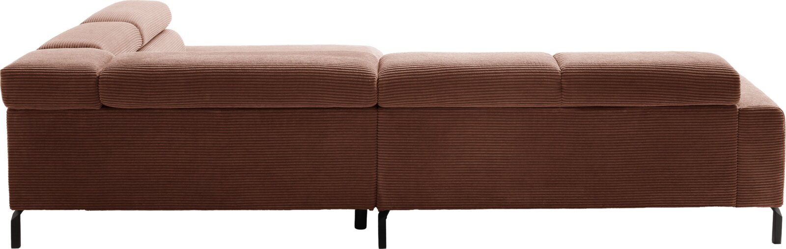 Achteraanzicht van een ruime modulaire hoekbank in oudroze ribcord, met royale kussens en slanke zwarte poten