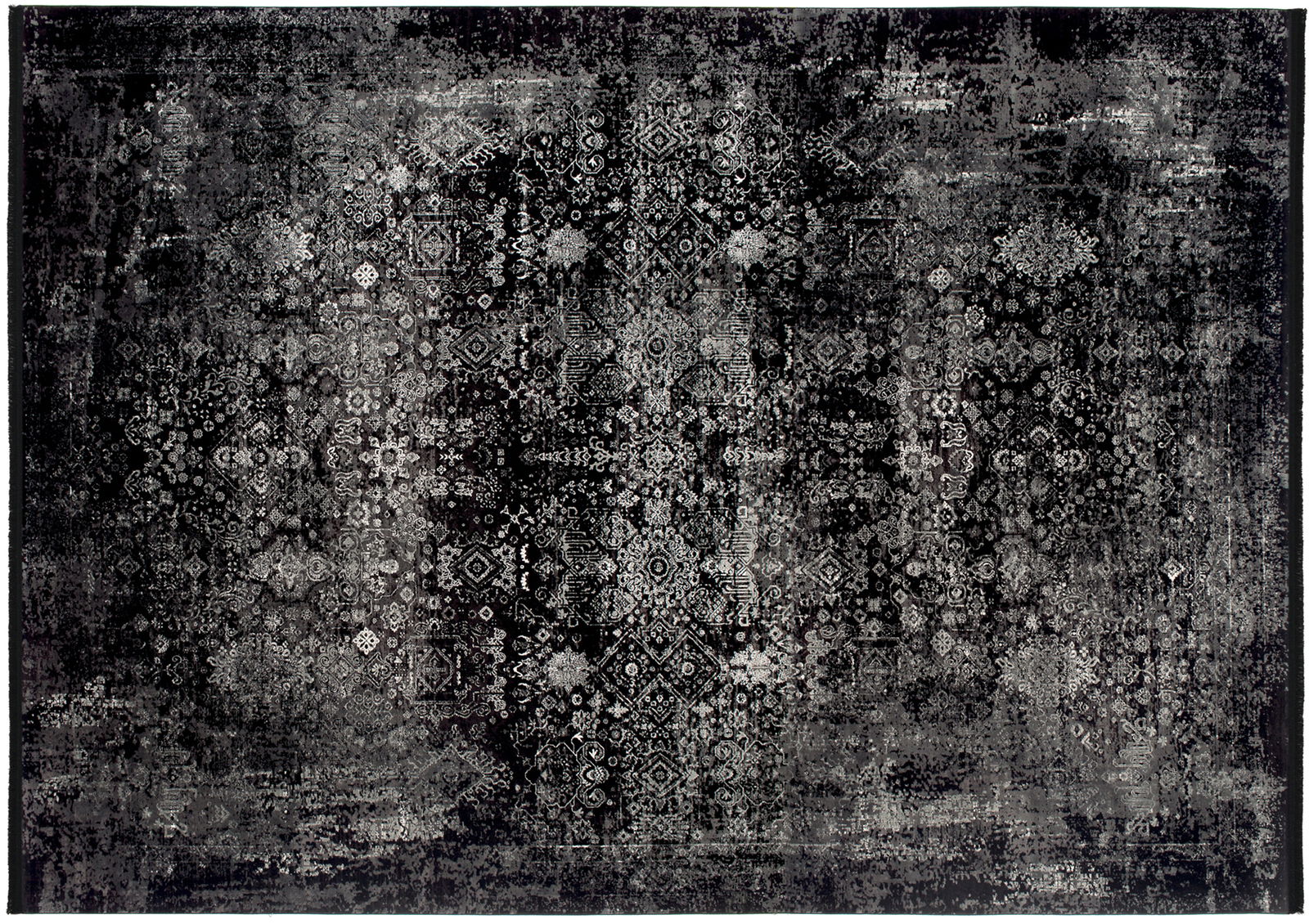 Designer Teppich in dunklen Tönen mit komplexem, orientalischem Muster, Draufsicht