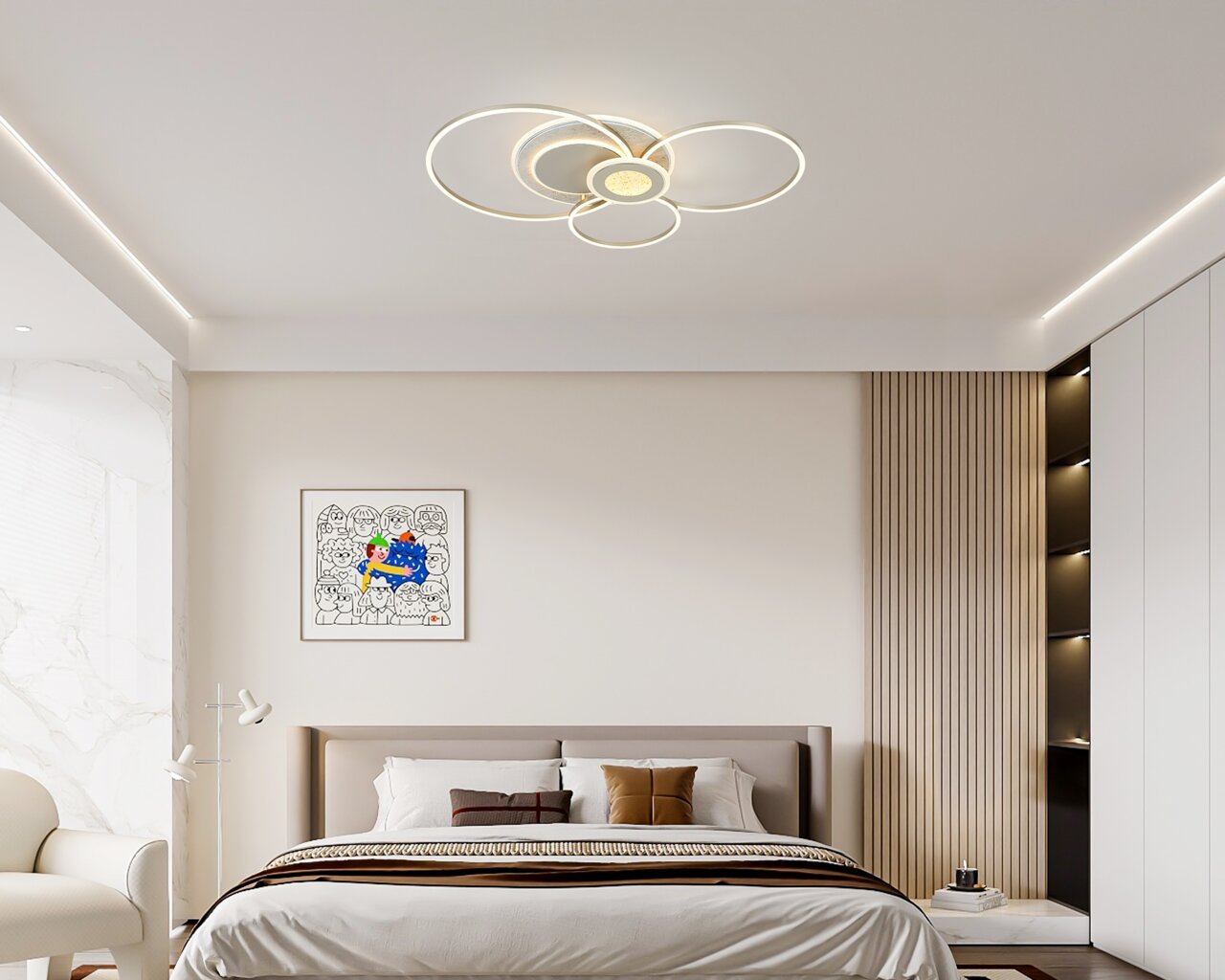 Novel LED-plafondlamp DECKENLEUCHTE Moderne led-plafondlamp met een cirkelvormig ontwerp, van onderaf gezien in een stijlvolle slaapkamer.