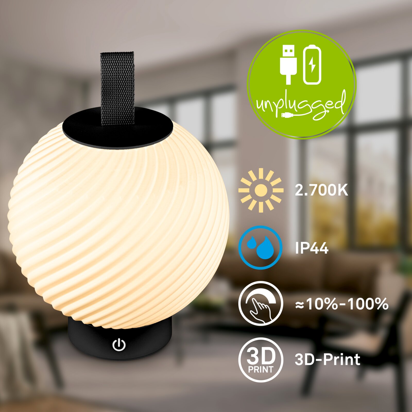 Kabellose, warmweiß leuchtende LED-Tischlampe mit kugelförmigem 3D-gedrucktem Lampenschirm, Trageschlaufe und Touch-Dimmer (ca. 10–100 %), IP44, 2700 K – Nahaufnahme in leicht seitlicher Frontansicht.