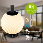 Kabellose, warmweiß leuchtende LED-Tischlampe mit kugelförmigem 3D-gedrucktem Lampenschirm, Trageschlaufe und Touch-Dimmer (ca. 10–100 %), IP44, 2700 K – Nahaufnahme in leicht seitlicher Frontansicht.