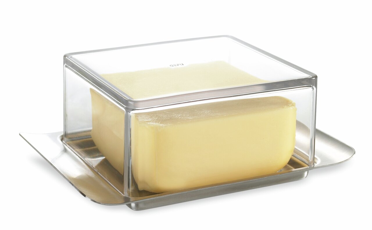 GEFU Butterdose BRUNCH Butterdose aus Edelstahl mit transparentem Deckel, seitliche Perspektive