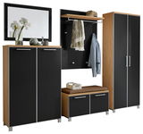 Garderoben-Set 6-tlg. in moderner Holz- und Schwarzoptik, bestehend aus einem Spiegel, zwei Schränken, einer Sitzbank und einer Garderobenleiste mit Haken, frontal betrachtet.