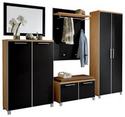 Garderoben-Set 6-tlg. in moderner Holz- und Schwarzoptik, bestehend aus einem Spiegel, zwei Schränken, einer Sitzbank und einer Garderobenleiste mit Haken, frontal betrachtet.