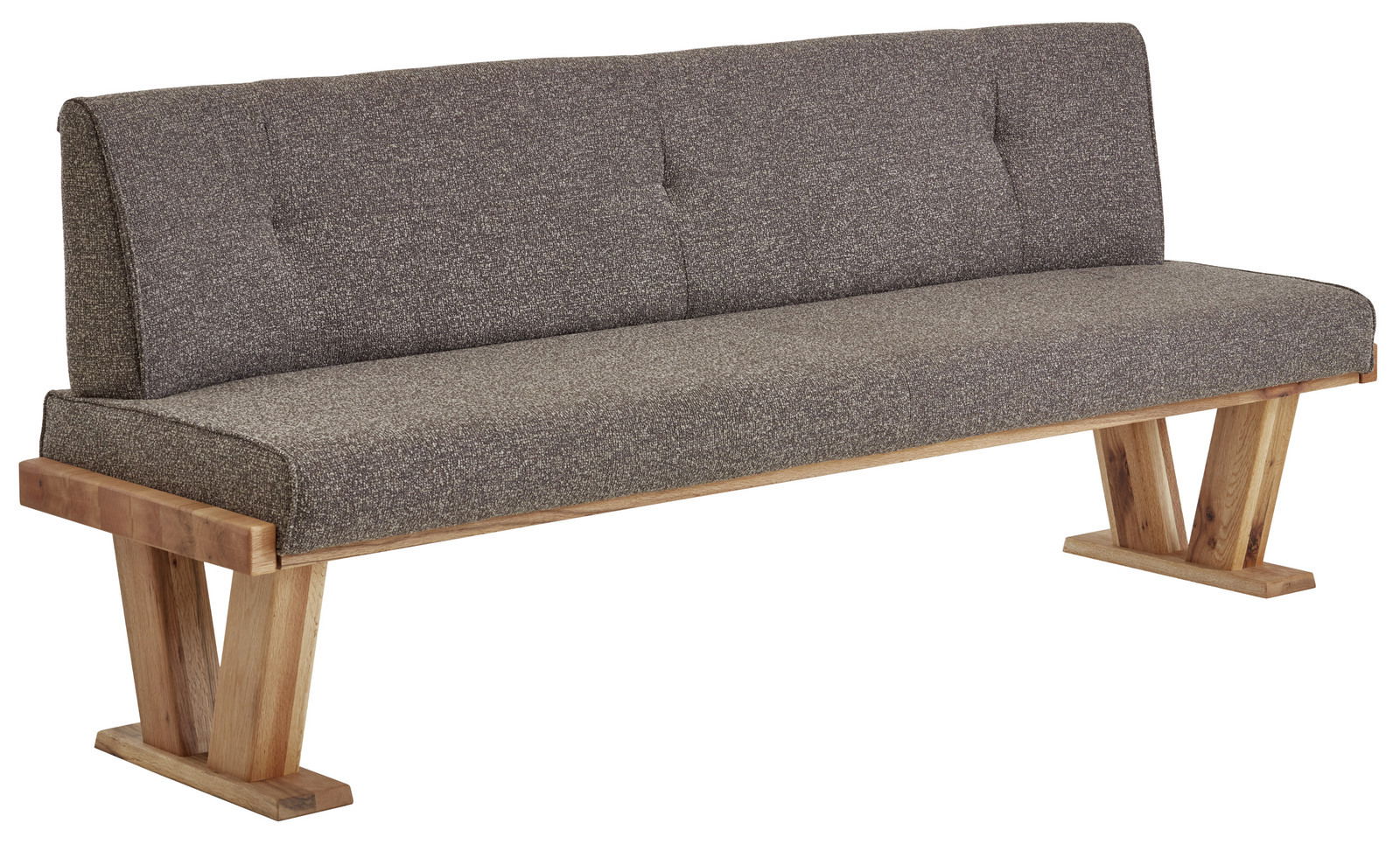Valdera Bank ALEGRA II Holzbank mit gepolsterter Rückenlehne und Sitzfläche in grauem Stoff, seitliche Perspektive