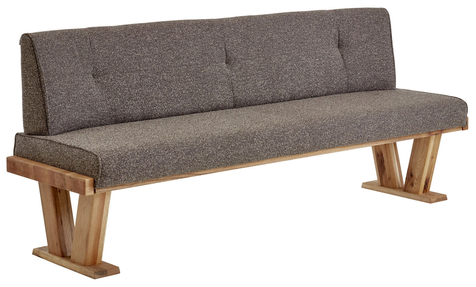 Valdera Bank ALEGRA II Holzbank mit gepolsterter Rückenlehne und Sitzfläche in grauem Stoff, seitliche Perspektive