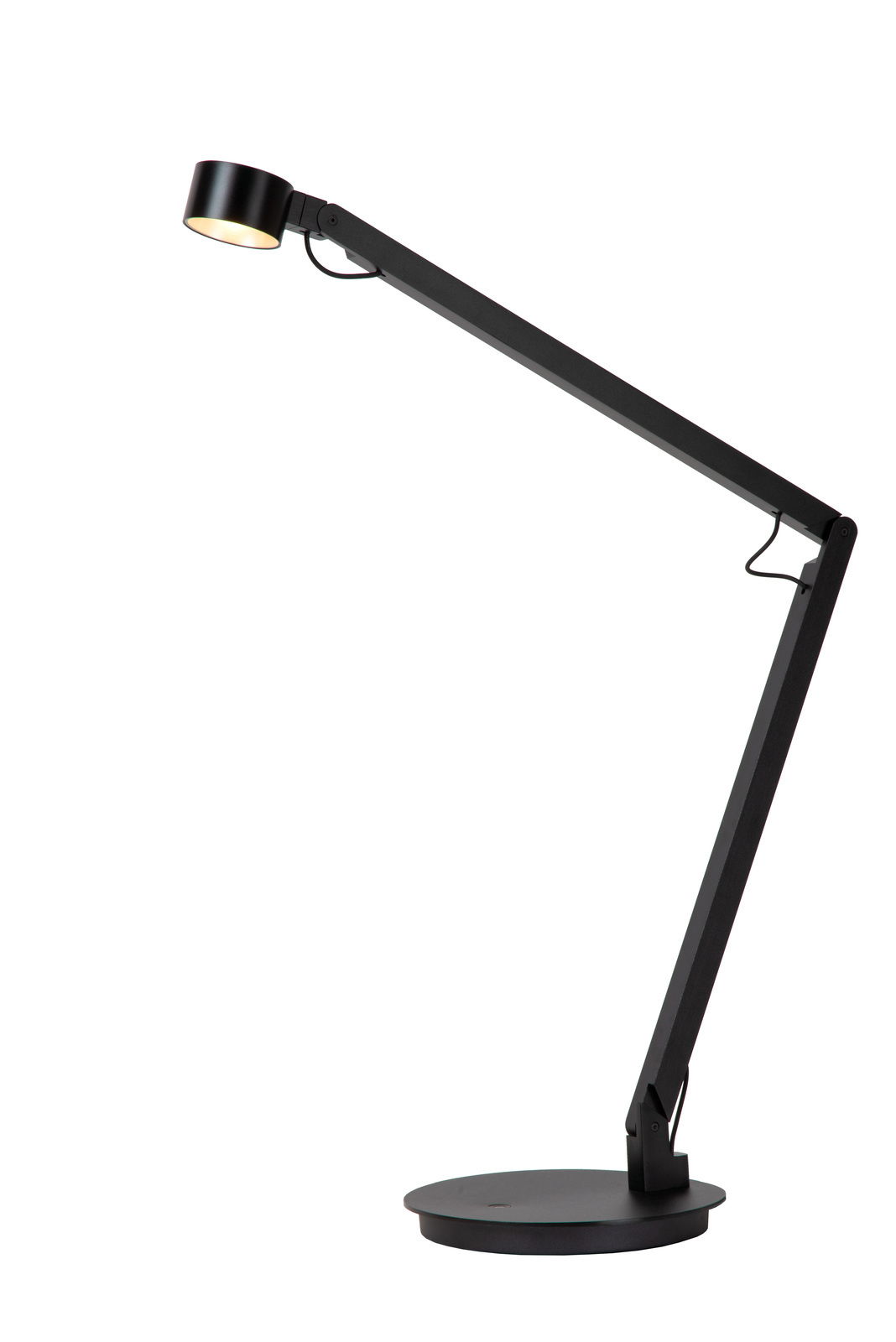 Moderne schwarze Tisch- und Schreibtischleuchte mit verstellbarem Arm, seitliche Perspektive