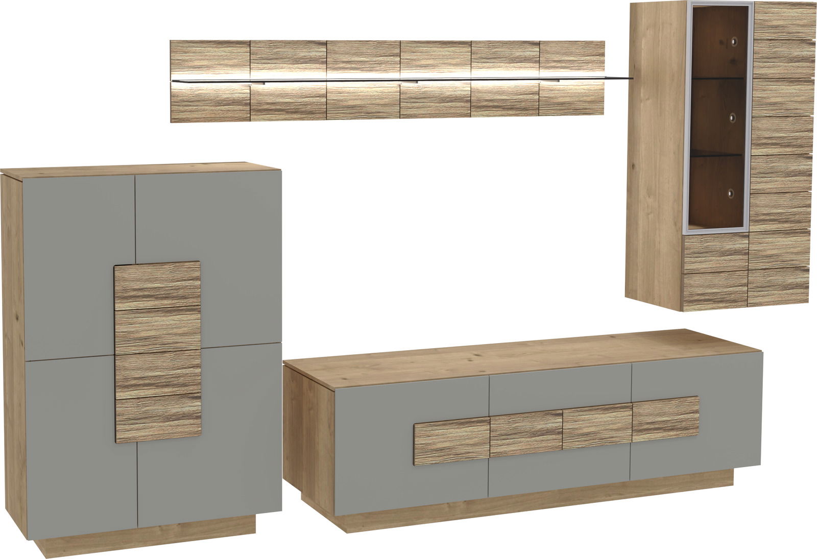 Moderne Wandkombination aus Holz und grauen Elementen, bestehend aus einem hohen Schrank, einem langen TV-Board und einem hängenden Vitrinenschrank, frontal betrachtet.