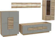 Moderne Wandkombination aus Holz und grauen Elementen, bestehend aus einem hohen Schrank, einem langen TV-Board und einem hängenden Vitrinenschrank, frontal betrachtet.