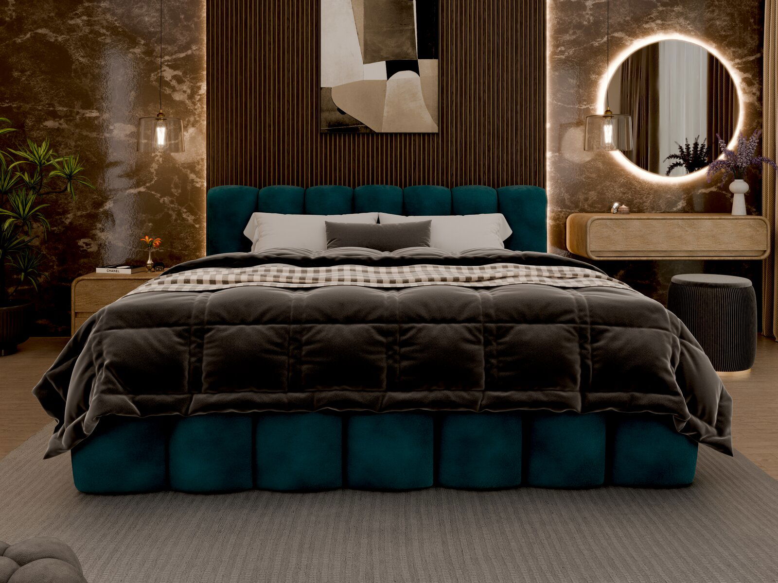 Frontale Ansicht eines eleganten Polsterbetts mit grünem Kopfteil, luxuriöser Bettwäsche und stilvoller Schlafzimmerdekoration.