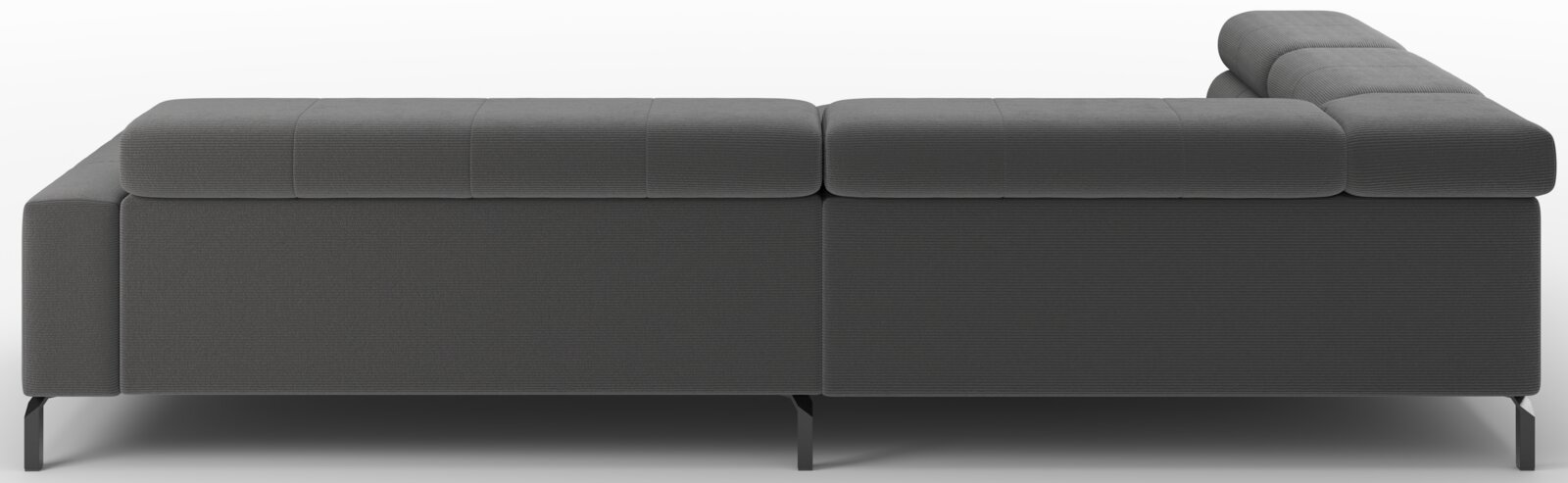 Donkergrijze modulaire hoekbank met lage rugleuning, brede armleuning links en chaise longue rechts op slanke metalen poten, zijaanzicht