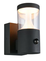 Moderne LED-Außenwandleuchte in zylindrischer Form mit Bewegungssensor, seitliche Perspektive