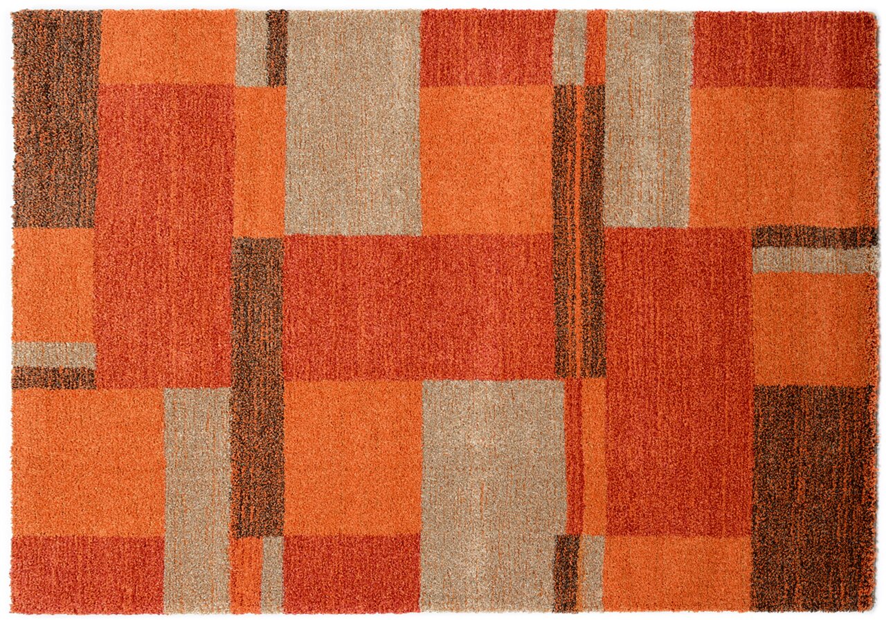 Frisé-Teppich mit geometrischem Muster in Rot- und Beigetönen, Draufsicht