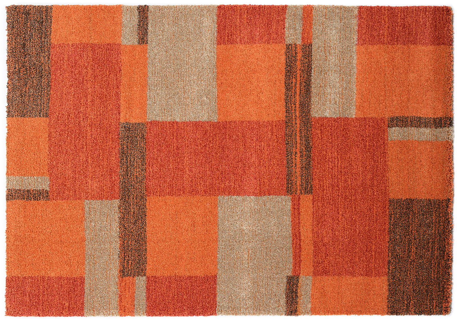 Frisé-Teppich mit geometrischem Muster in Rot- und Beigetönen, Draufsicht