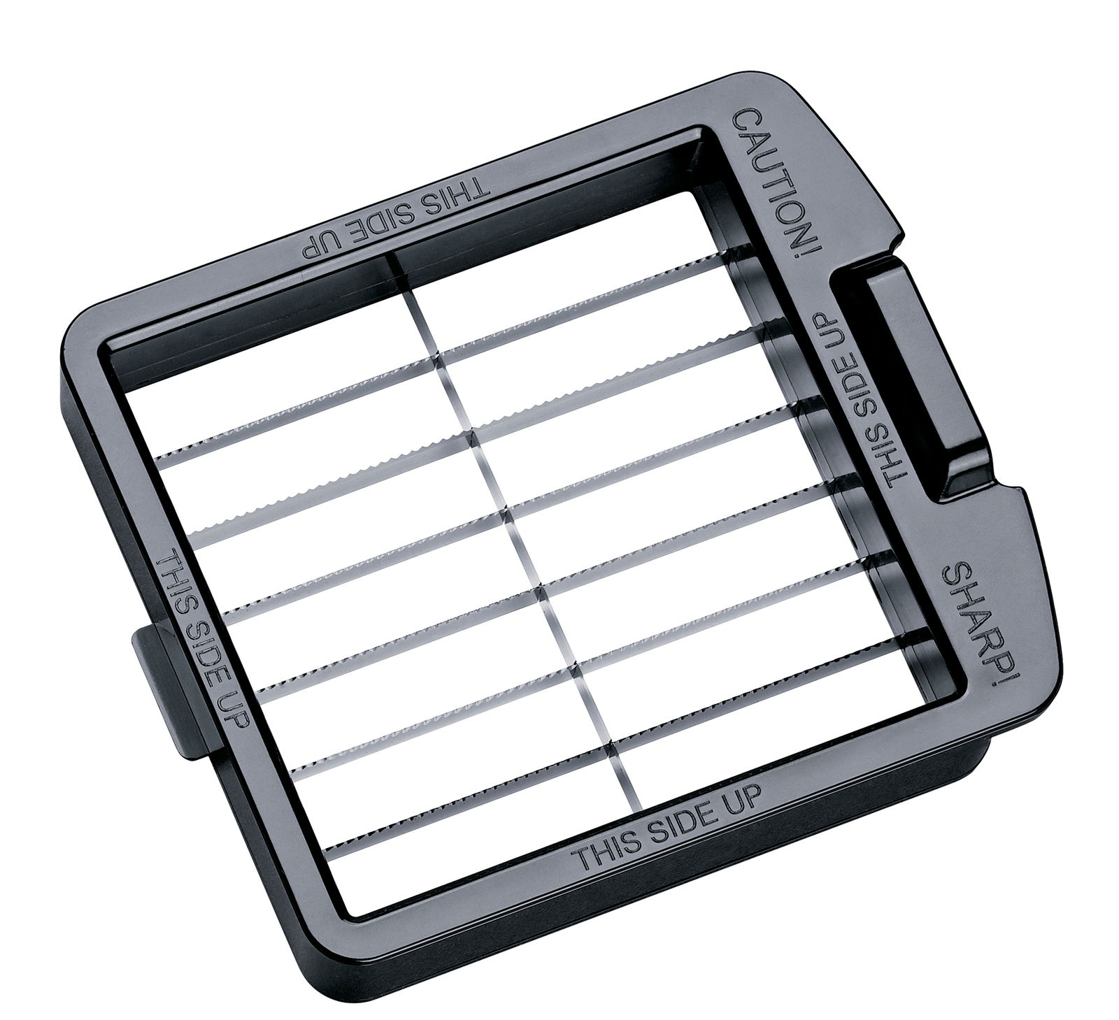 Zwiebel- und Gemüsewürfler aus der Vogelperspektive mit scharfen Klingen und der Aufschrift 'THIS SIDE UP'.