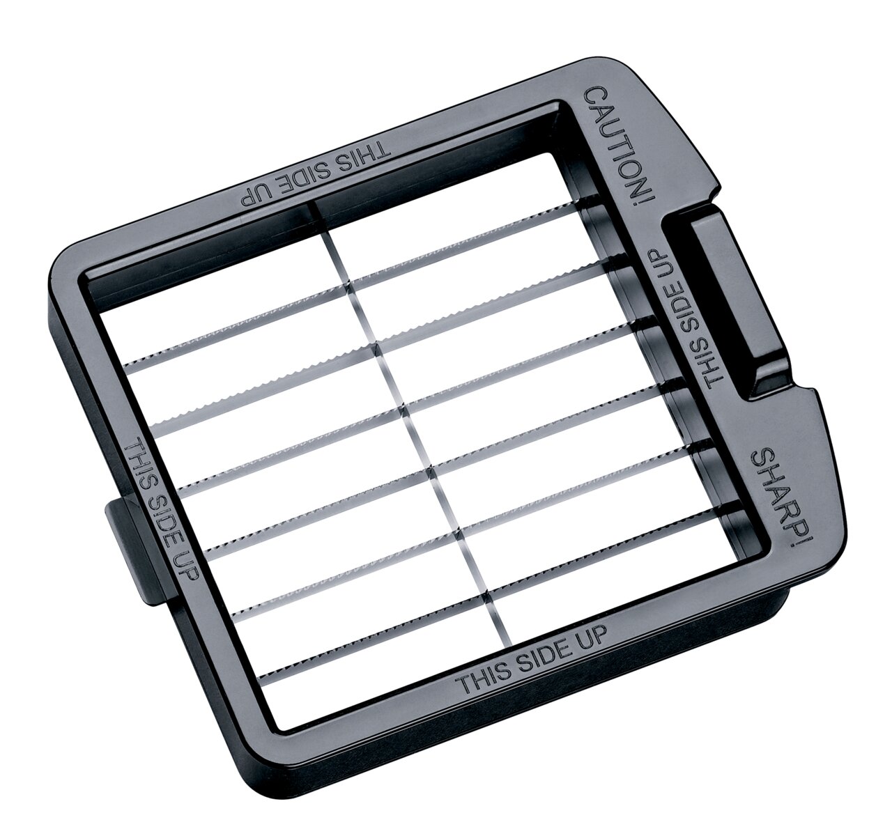 Zwiebel- und Gemüsewürfler aus der Vogelperspektive mit scharfen Klingen und der Aufschrift 'THIS SIDE UP'.